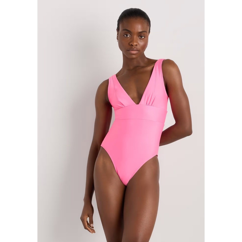 Vibrant Pink V-Neck Empire Waist One Piece Swimsuit High Cut Leg Medium